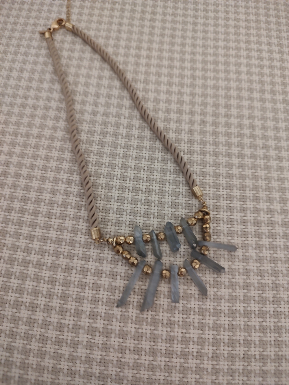 Gold Beaded Necklace with Light Blue Pendants